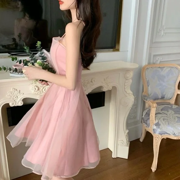 Sheer Panel Strappy A-line Dress (Pastel Pink) - Picture 2 of 3